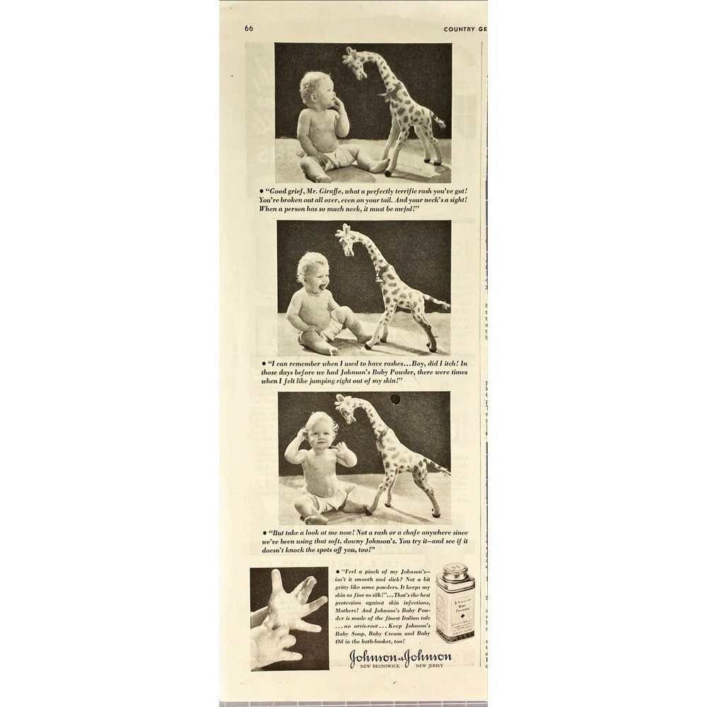 Johnson & Johnon Baby Powder "Good Grief Mr Giraffe what a terrible Rash" Ad '37